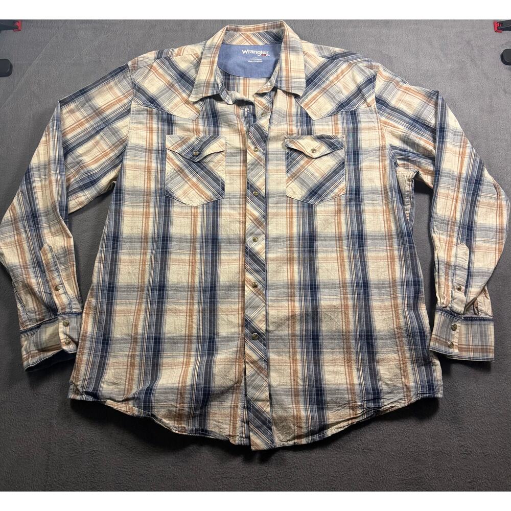 Wrangler‎ Men XXL Western Pearl Snap Shirt Long Sleeve Plaid Blue Orange Cream